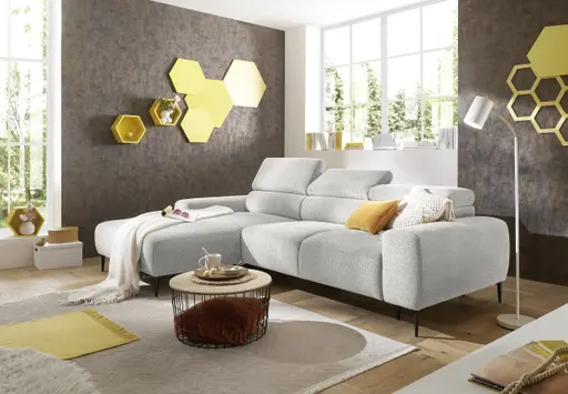 Ecksofa - Longchair links mit 2-Sitzer, Sitzvorzug motorisch, Kopfteil verstellbar, Stoff, Creme