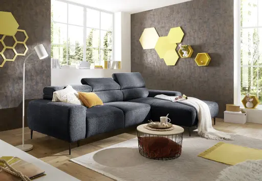 Ecksofa - 2-Sitzer mit Longchair rechts, Sitzvorzug motorisch, Kopfteil verstellbar, Stoff, Schwarzgrau