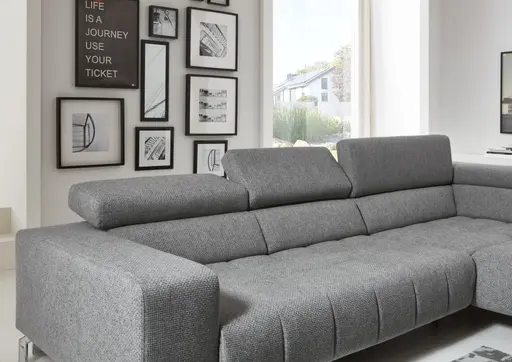 Ecksofa - 2,5-Sitzer mit Ecke rechts, Kopfteil verstellbar, Stoff, Grau