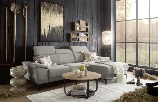 Ecksofa EZRA - 2-Sitzer, Ecke rechts inkl. Kopfteilverstellungen, Stoff, Taupe