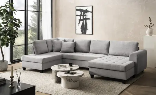 Wohnlandschaft - Longchair links, 2-Sitzer, Ecke rechts inkl. Schlaffunktion mit Bettkasten, Stoff, Hellgrau