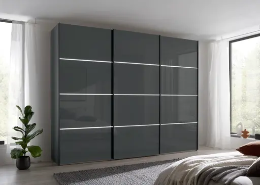 Schwebetürenschrank – inkl. Lichtstreifen, B. ca. 250 cm, Glas Lava