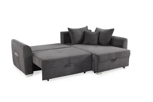 Ecksofa - 2-Sitzer, Ecke rechts inkl. Schlaffunktion mit Bettkasten, Stoff, Grau