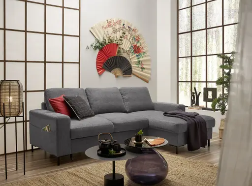 Ecksofa - 2-Sitzer mit Longchair rechts, Stoff, Anthrazit