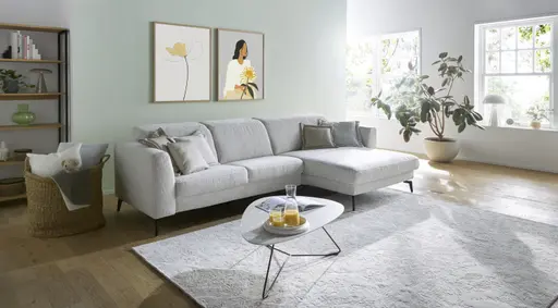 Ecksofa Rafaela 2.0 - 2,5-Sitzer mit Longchair rechts inkl. Kopfteilverstellung, Stoff, Champagner