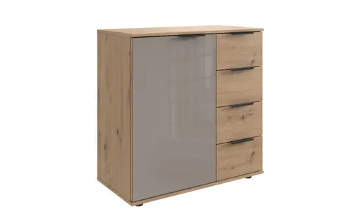 Kommode WANJA- Eiche Dekor, Glas, Saharagrau