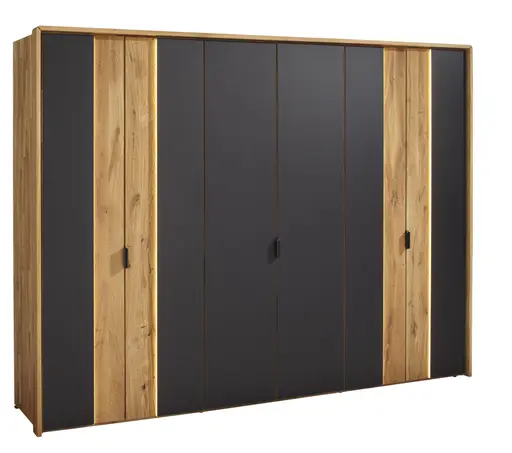 Drehtürenschrank Ottawa - inkl. Beleuchtung und Passepartout, B ca. 297 cm, Wildeiche massiv / Glas Anthrazit