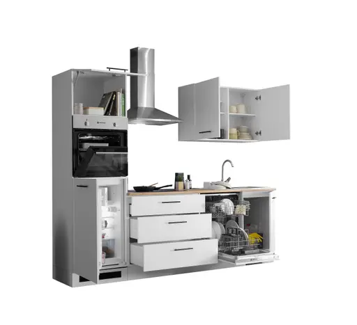 Küchenblock- inkl. E-Geräte, B ca. 260 cm, Weiß Matt, Eiche Dekor