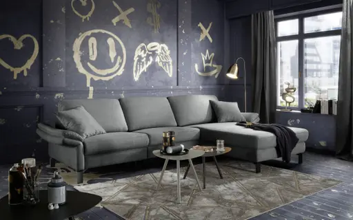 Ecksofa CALM PREMIUM 2.0 - 3-Sitzer mit Longchair rechts, Relaxfunktion motorisch, Armlehne verstellbar, Stoff, Anthrazit