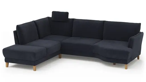 Sofa Stamford - inkl. Armlehne verstellbar und Kopfstütze, Ecksofa 2-sitzig und Abschlusshocker links mit 3,5-Sitzer, Bogen rechts, Stoff, Dunkelblau