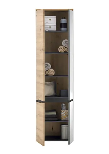 Hochschrank- B ca. 50 cm, Dunkelgrau, Eiche Dekor, Spiegel