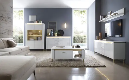 Vitrine - mit Beleuchtung, Alpinweiß, Goldfarben, Weiß Hochglanz