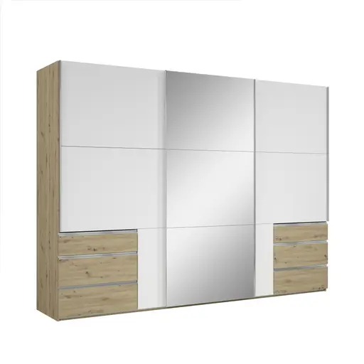 Schwebetürenschrank- B ca. 300 cm, Eiche Dekor, Weiß, Spiegel