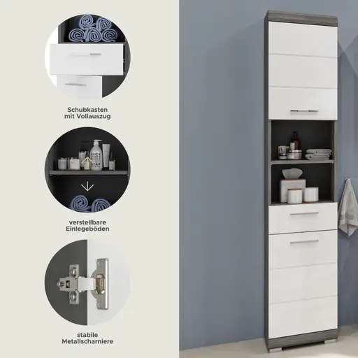 Hochschrank - B ca. 37 cm, Rauchsilber, Weiß Hochglanz