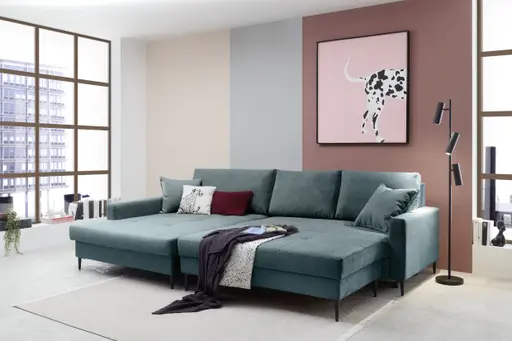Ecksofa - Longchair links mit 3-Sitzer, Schlaffunktion mit Bettkasten, Stoff, Azur