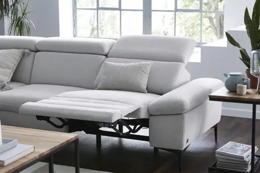 Ecksofa Felipa - Ecke links mit 2,5-Sitzer inkl. Relaxfunktion (motorisch) und Kopfteil verstellbar, Stoff, Natur