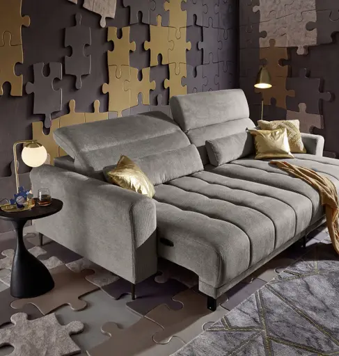 Ecksofa MINAO - 1,5-Sitzer mit Longchair rechts, Sitztiefe verstellbar motorisch, Kopfteil verstellbar, Stoff, Truffle