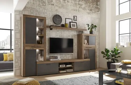 Wohnwand- Grau, Holzdekor