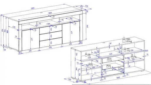Sideboard- Weiß, Weiß, Hochglanz, 