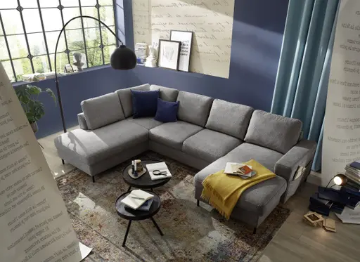 Wohnlandschaft - Ecke links mit 2-Sitzer und Longchair rechts, Stoff, Grau