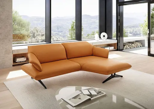 Ecksofa - 1-Sitzer mit Longchair rechts, Kopfteil/Sitztiefe verstellbar, Leder, Gold