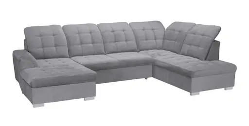 Wohnlandschaft - Longchair links, 1,5-Sitzer, Ecke rechts inkl. Schlaffunktion und Bettkasten, verstellbare Kopfstützen, Stoff, Grau