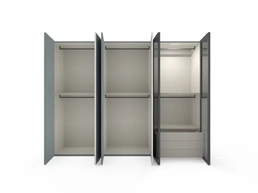 Drehtürenschrank Loretto - B ca. 304 cm, Lack matt, Hellgrau, Rauchglas