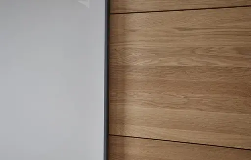 Schwebetürenschrank Lenoso -  B. ca. 260 cm, Eiche massiv, Glas, Champagner