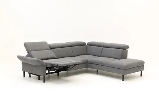 Ecksofa - 2,5-Sitzer mit Ecke rechts, Relaxfunktion (motorisch), Kopfstütze verstellbar (manuell), Armlehne verstellbar (manuell), Webstoff, Dunkelgrau