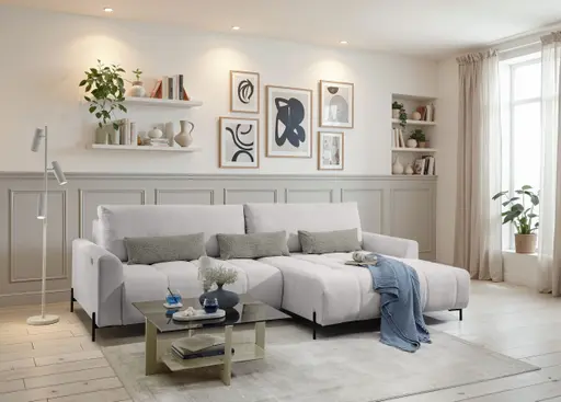 Ecksofa - 2-Sitzer mit Longchair rechts, Sitztiefe verstellbar motorisch, Stoff, Silbergrau