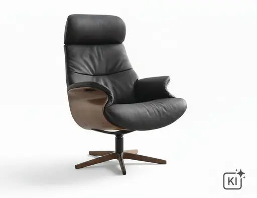 Relaxsessel Avina - Drehbar inkl. Rücken und Kopfteilverstellung, Leder, Schwarz, Holzschale Nußbaum