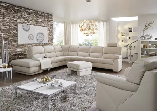 Wohnlandschaft EM St. Gallen - Hocker links, Relax-Eckteil, 3-Sitzer rechts, Leder, Natur