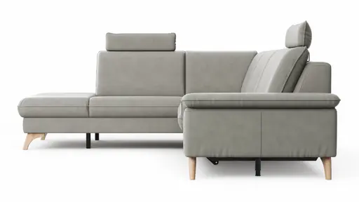 Ecksofa Tulsa KS - 1,5-Sitzer mit Anstellhocker aufklappbar links, Spitzecke und 2,5-Sitzer rechts, inkl. Kopfstütze, AL verstellbar und Schlaffunktion, Leder, Graubeige