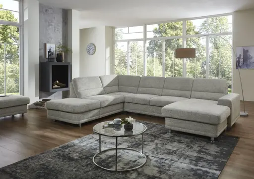 Wohnlandschaft - keine Funktionen, Ecke links, 2,5-Sitzer, Longchair rechts, Webstoff Grau