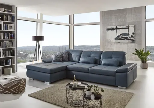 Ecksofa - Longchair links mit 3-Sitzer inkl. Sitztiefenverstellung, Leder, Graublau