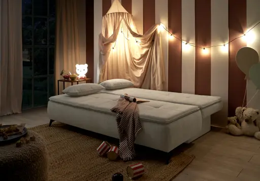 Sofa JANIN - 2-Sitzer, Schlaffunktion mit Bettkasten, Stoff, Beige