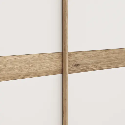 Schwebetürenschrank Viana - B ca. 301 cm, Lack, Weiß, Riffholz, Balkeneiche