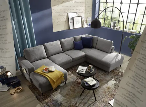 Wohnlandschaft - Longchair links mit 2-Sitzer und Ecke rechts, Stoff, Grau