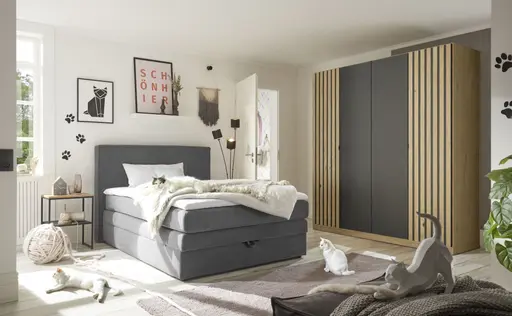 Drehtürenschrank RUERTO- B ca. 181 cm, Eiche Dekor, Dunkelgrau, Paneel, Eiche Dekor