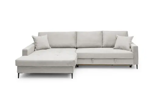Ecksofa - Longchair links mit 3-Sitzer, Schlaffunktion mit Bettkasten, Stoff, Creme
