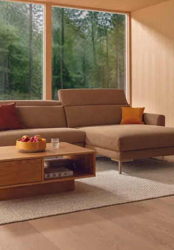 Sofa Braska - 1,75-Sitzer mit Longchair rechts, inkl. Relaxfunktion (motorisch) und Kopfstütze verstellbar, Stoff, Rauchbraun