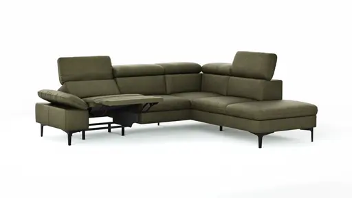 Ecksofa Felipa - 2,5-Sitzer mit Ecke rechts inkl. Armlehne verstellbar und Rückenlehne/Sitztiefe verstellbar (motorisch), Leder, Olive