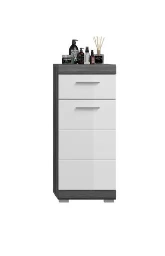 Standschrank - B ca. 37 cm, Rauchsilber, Weiß Hochglanz