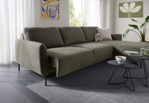 Ecksofa Leona - 3-Sitzer mit Longchair rechts inkl. Sitzvorzug motorisch, Stoff, Braungrün