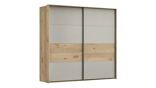 Schwebetürenschrank Viana - B ca. 218 cm, Furnier, Balkeneiche, Hellgrau