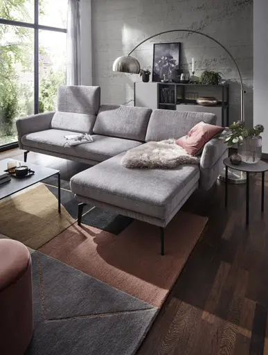 Ecksofa Estrela - 2,5-Sitzer mit Longchair rechts inkl. Rücken-/Armlehne verstellbar, Stoff, Grau