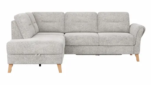 Ecksofa Almyra - Ottomane links mit 2,5-Sitzer, inkl. Schlaffunktion und Bettkasten, Stoff, Silbergrau