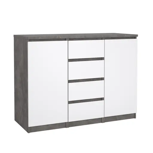 Kommode - B ca. 121 cm, Betonoptik, Weiß Hochglanz