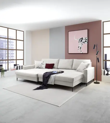 Ecksofa - Longchair links mit 3-Sitzer, Schlaffunktion mit Bettkasten, Stoff, Creme