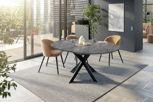 Esstisch - ausziehbar, Ø/H ca. 130x79 cm, Keramikoptik grau, Schwarz